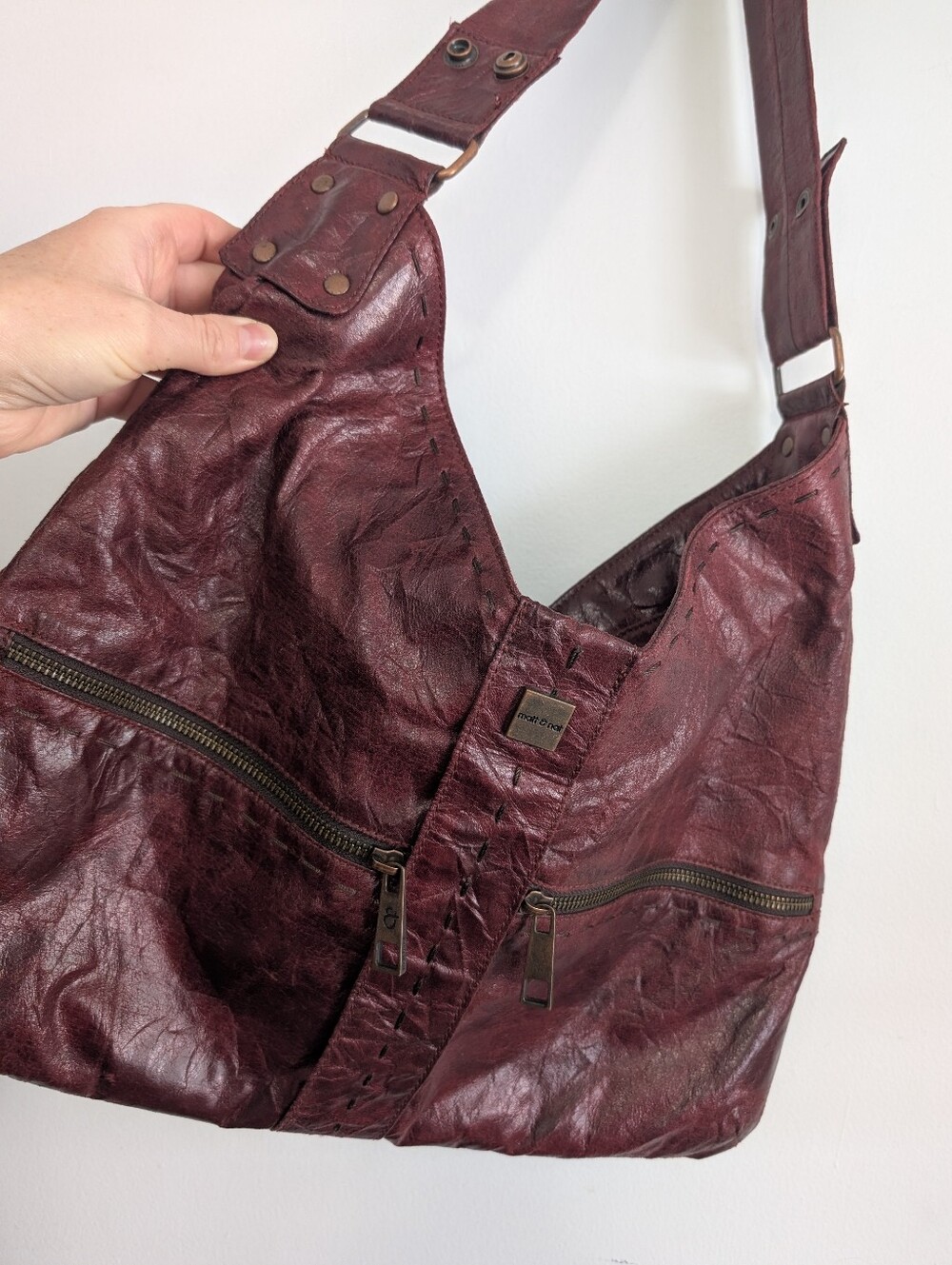 Matt And Nat Large Purse Shiny Maroon Shoulder Bag Crinkle Distressed Boho Red